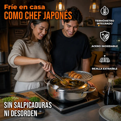 Freidora Japonesa Kerilyn Con Termómetro, Escurridor De Aceite y Tapa Anti-Salpicaduras