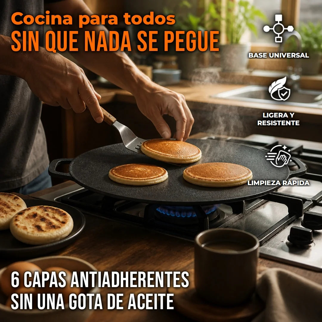 Plancha Redonda Antiadherente Con Doble Asa y Base 6 Capas Para Gas / Inducción / Fogata