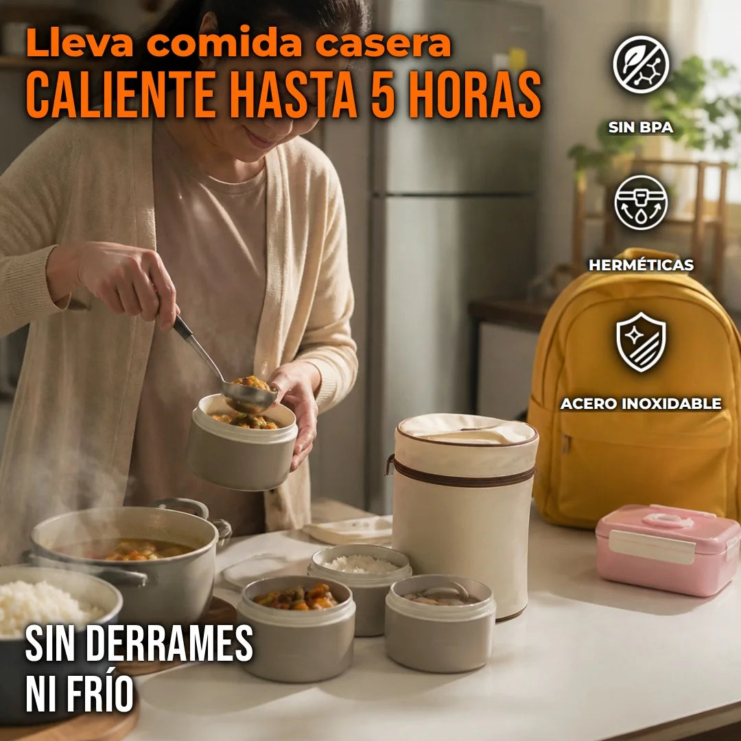 Set Fiambreras Térmicas Redondas Con Acero Inoxidable 304 y Bolsa Térmica Incluida