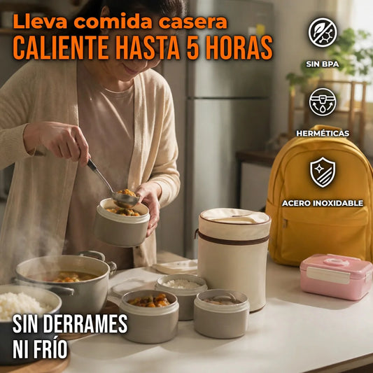 Set Fiambreras Térmicas Redondas Con Acero Inoxidable 304 y Bolsa Térmica Incluida