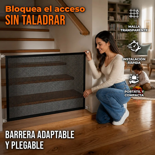 Puerta de Malla Para Bebés y Mascotas Con Ajuste Sin Taladro y Diseño Plegable
