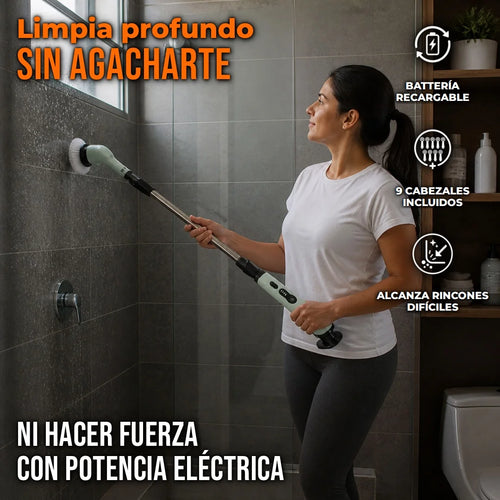 Cepillo Eléctrico Giratorio Con Mango Ajustable y 9 Cabezales Para Limpieza Profunda / Multiusos