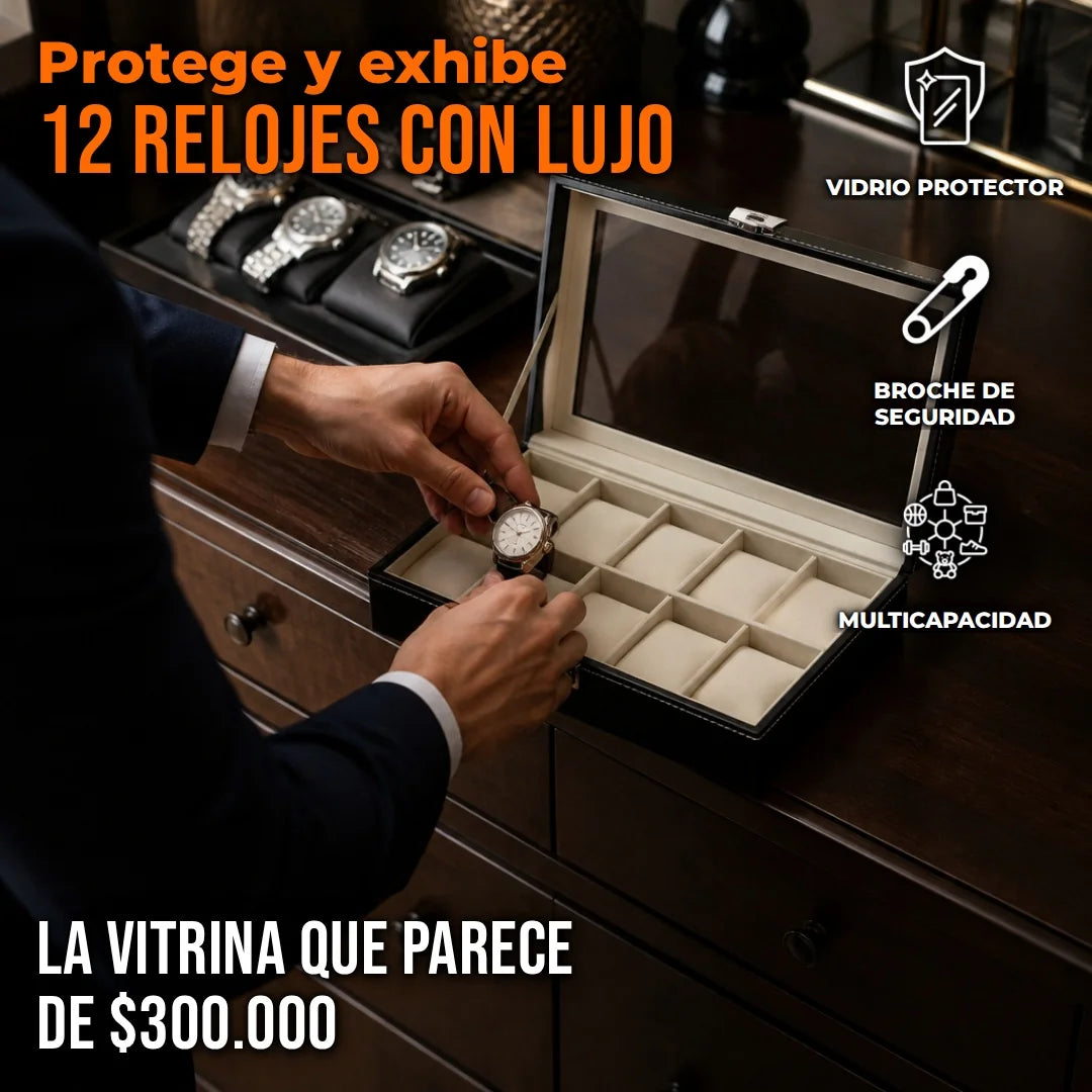 Vitrina Organizadora de Lujo Para 12 Relojes Con Tapa de Vidrio y Cuero Elegante