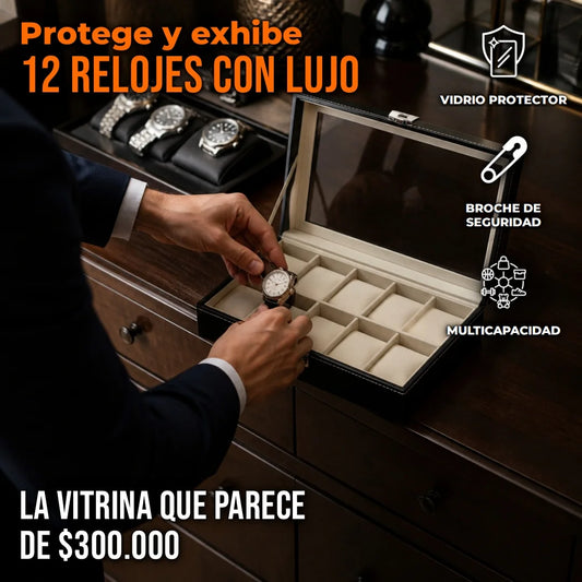 Vitrina Organizadora de Lujo Para 12 Relojes Con Tapa de Vidrio y Cuero Elegante