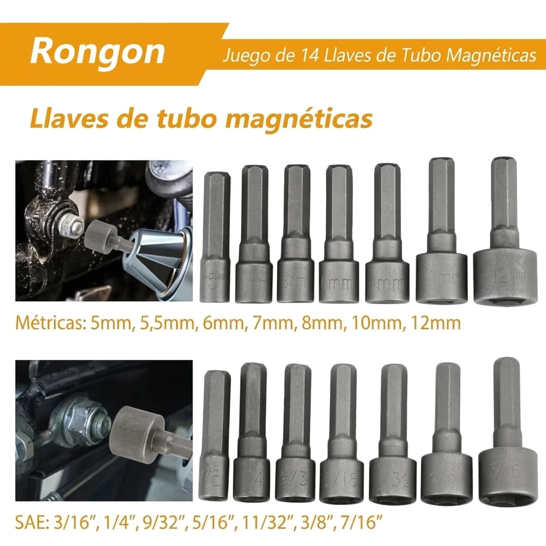 Juego de Llaves de Tubo Hexagonales 14 Piezas — SAE y Métricas para Taladro y Destornillador