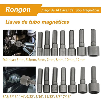 Juego de Llaves de Tubo Hexagonales 14 Piezas — SAE y Métricas para Taladro y Destornillador