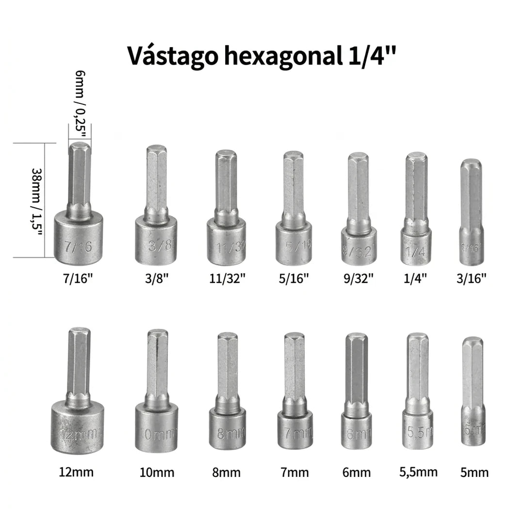 Juego de Llaves de Tubo Hexagonales 14 Piezas — SAE y Métricas para Taladro y Destornillador