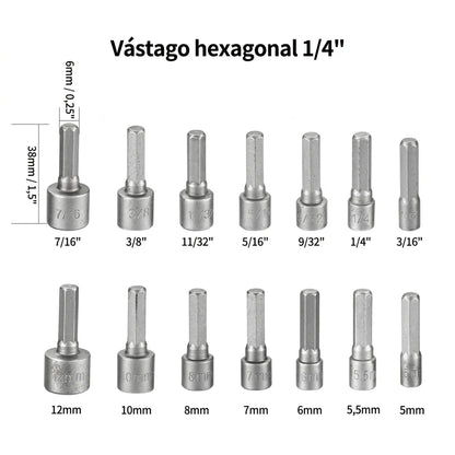 Juego de Llaves de Tubo Hexagonales 14 Piezas — SAE y Métricas para Taladro y Destornillador