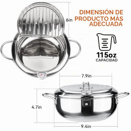 Freidora Japonesa Kerilyn Con Termómetro, Escurridor De Aceite y Tapa Anti-Salpicaduras