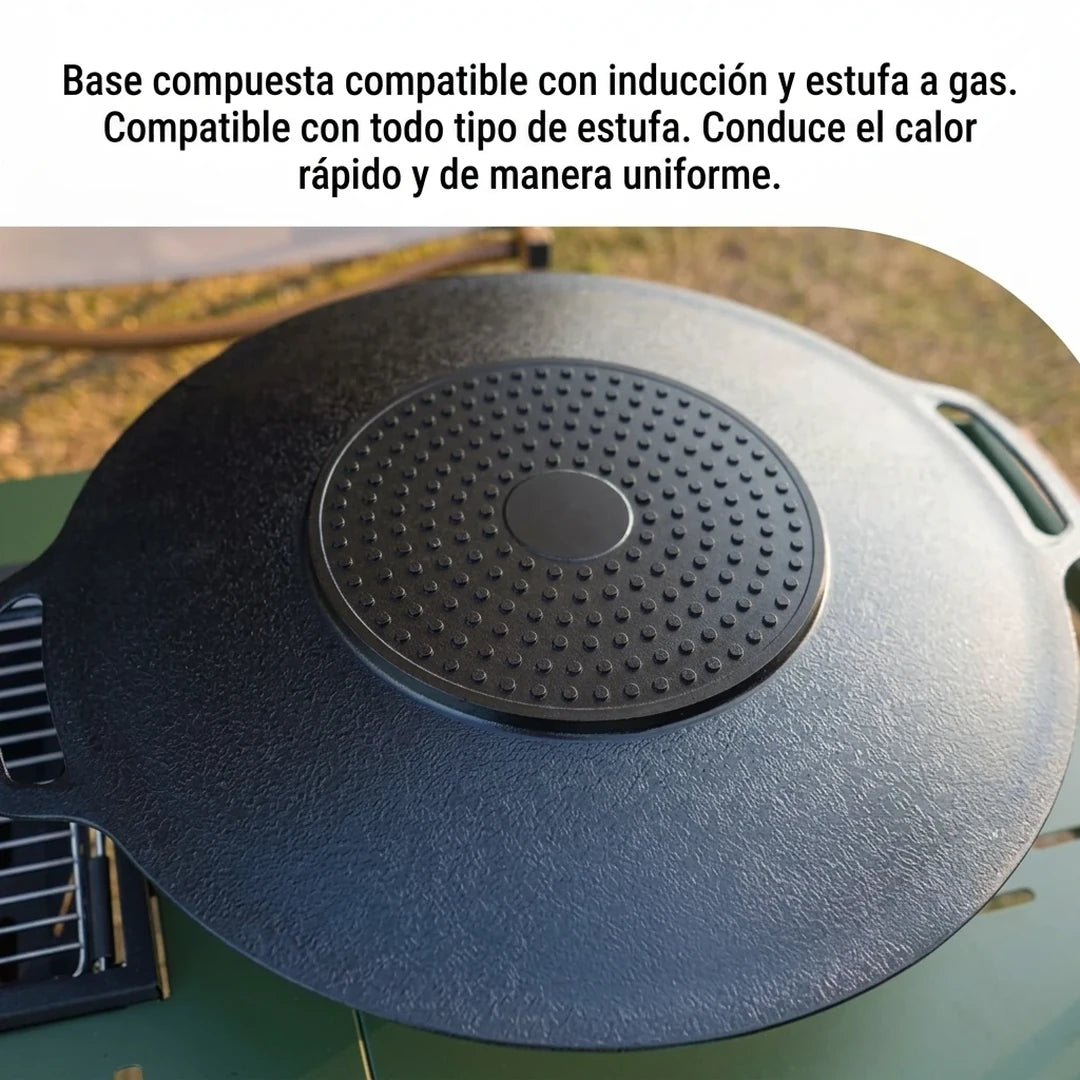 Plancha Redonda Antiadherente Con Doble Asa y Base 6 Capas Para Gas / Inducción / Fogata