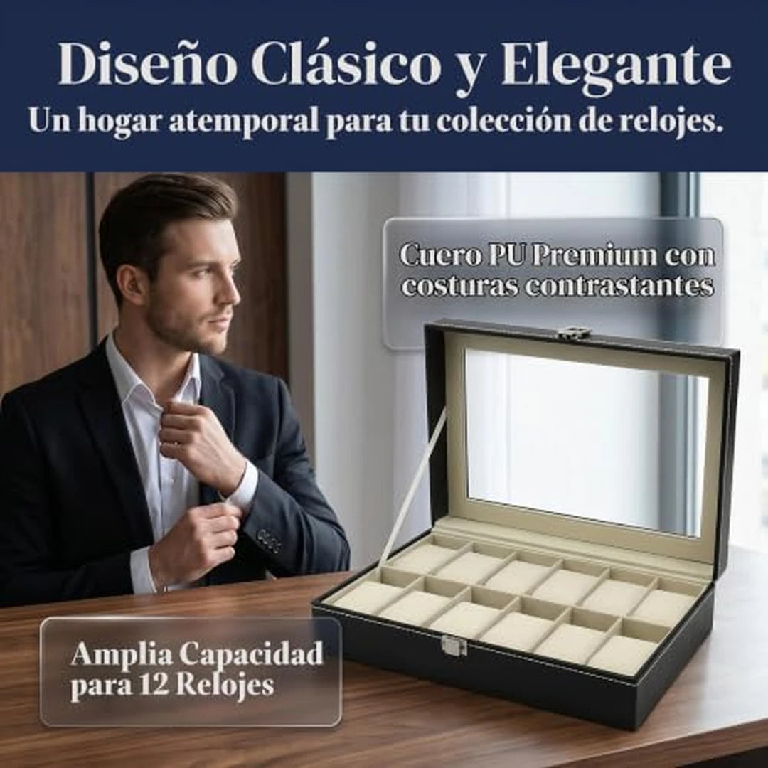Vitrina Organizadora de Lujo Para 12 Relojes Con Tapa de Vidrio y Cuero Elegante