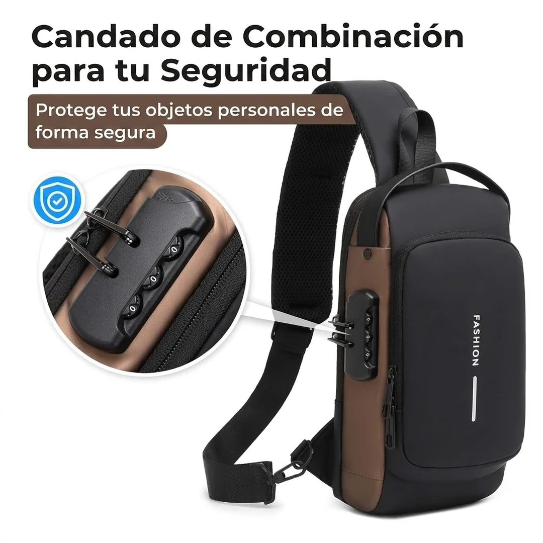 Bandolera Antirrobo Con Candado De Combinación, Puerto USB y Bolsillo Oculto