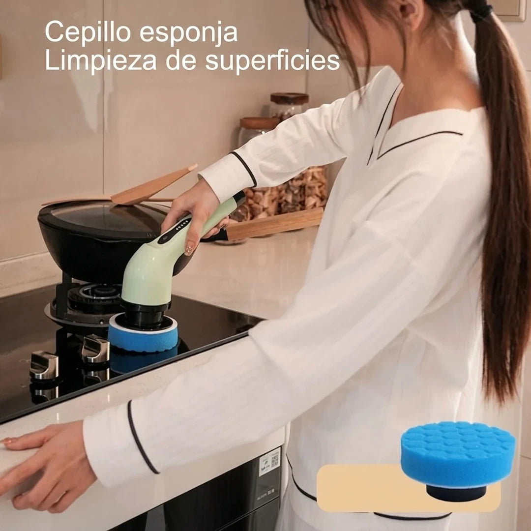 Cepillo Eléctrico Giratorio Con Mango Ajustable y 9 Cabezales Para Limpieza Profunda / Multiusos