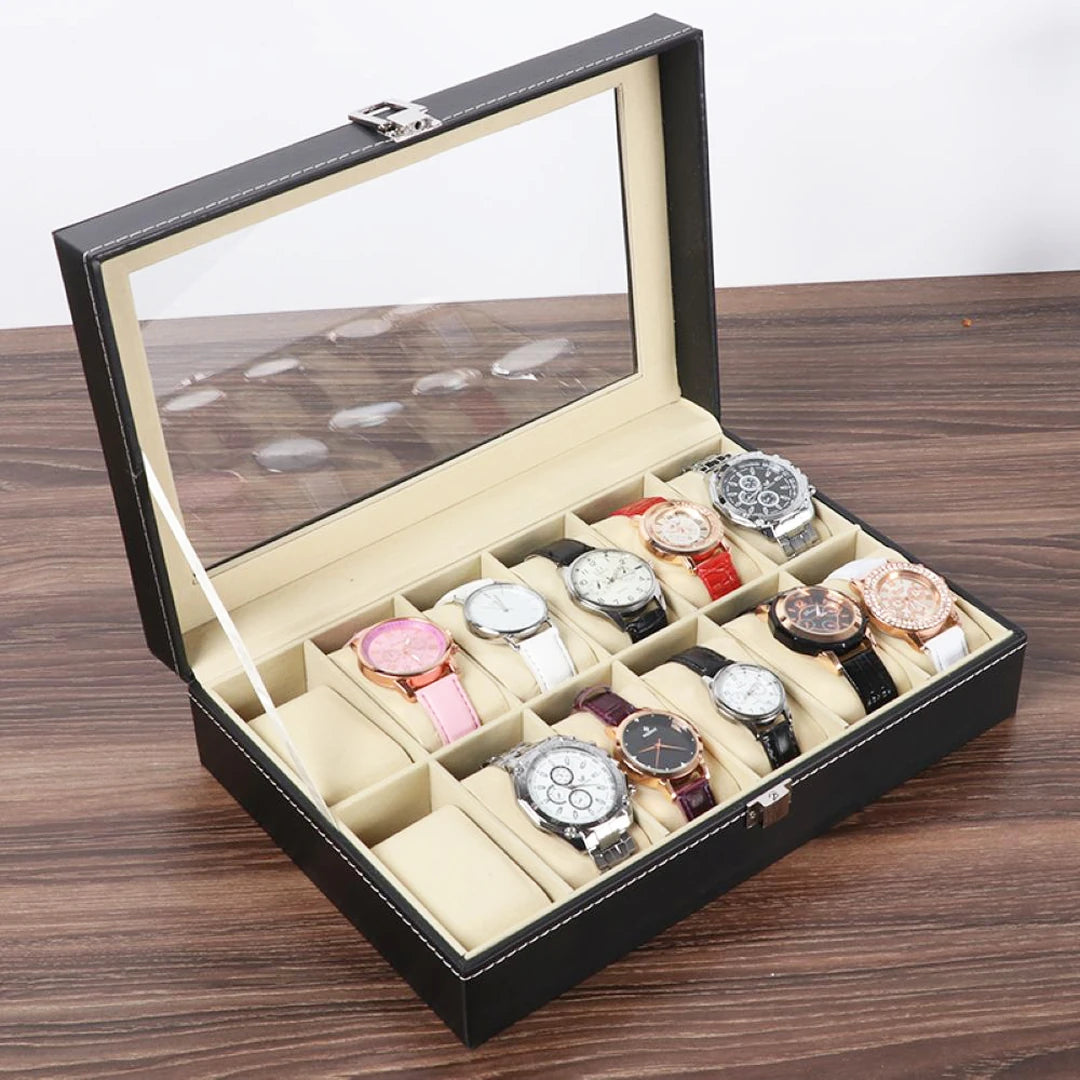 Vitrina Organizadora de Lujo Para 12 Relojes Con Tapa de Vidrio y Cuero Elegante