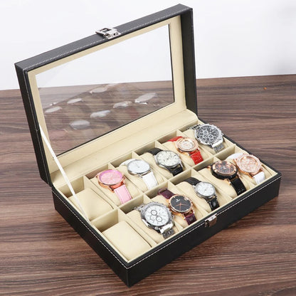 Vitrina Organizadora de Lujo Para 12 Relojes Con Tapa de Vidrio y Cuero Elegante