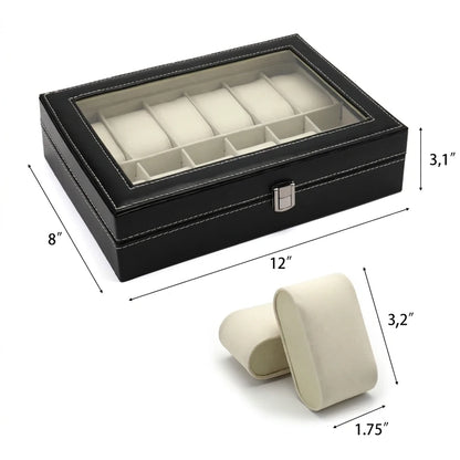 Vitrina Organizadora de Lujo Para 12 Relojes Con Tapa de Vidrio y Cuero Elegante