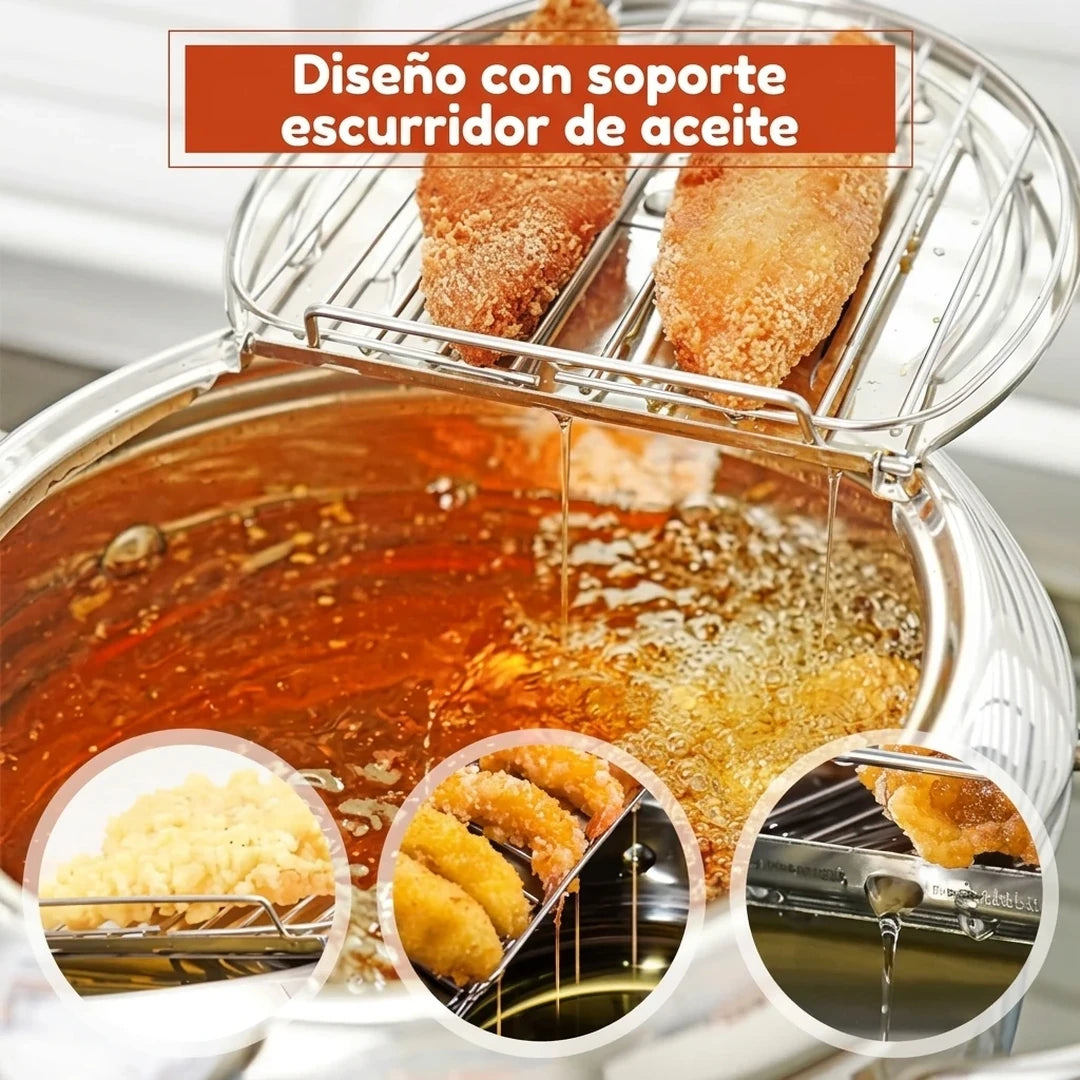 Freidora Japonesa Kerilyn Con Termómetro, Escurridor De Aceite y Tapa Anti-Salpicaduras